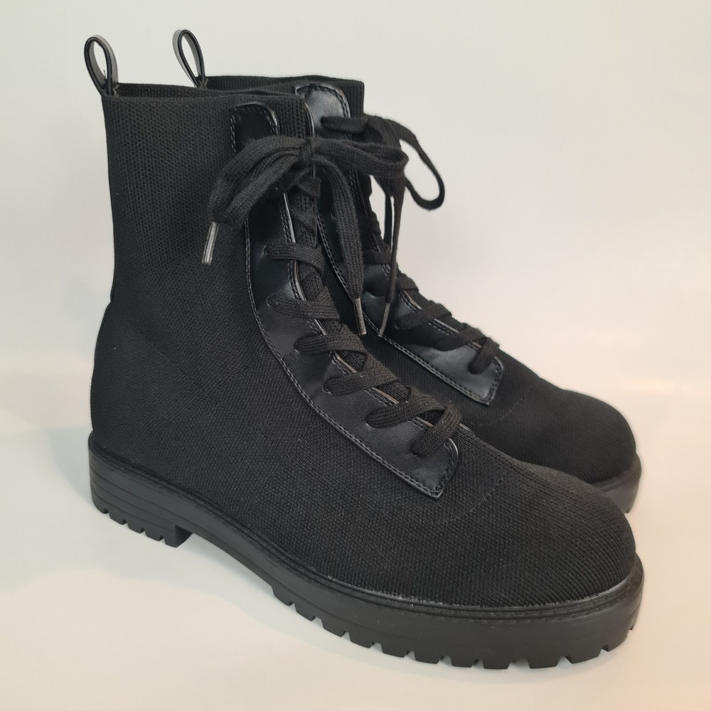 ASOS DESIGN Arrow Black Knitted Lace Up Ankle Boots Chunky Lug Sole Womens 9